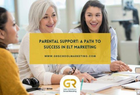 Blog cover with the title "Parental Support A Path to Success in ELT Marketing" as an overlaying text over a photo of a teacher meeting parents