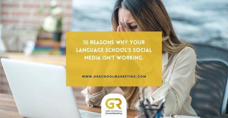 Blog post cover with title 10 Reasons why your schools social media isnt working . In the background there is a woman feeling overwhelmed in front of a laptop.