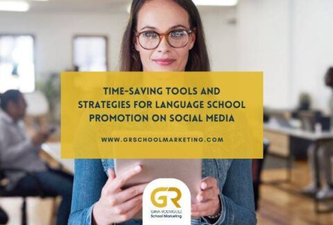 copertina del articolo Time-Saving Tools and Strategies for Language School Promotion on Social Media. Foto di una donna in classe