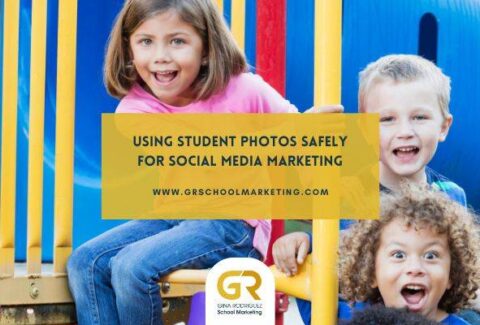 children in a playground with overlaying text that says Using Student Photos Safely for Social Media Marketing