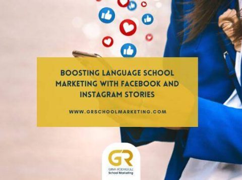 Blog Cover for the artilce Boosting Language School Marketing with Facebook and Instagram Stories written on yellow background.