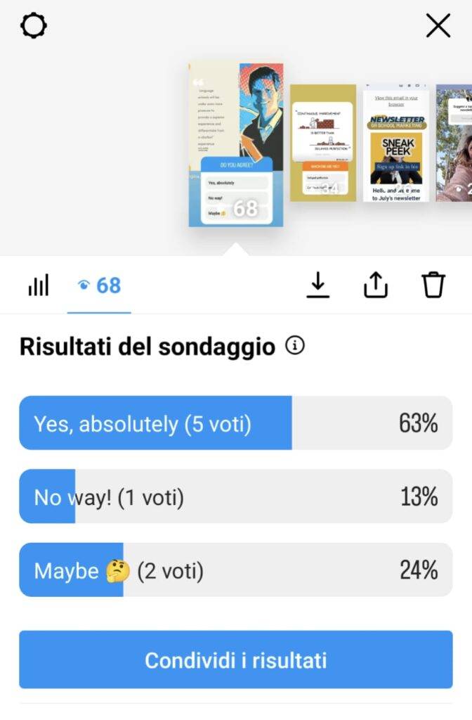 screenshot of the insights of instagram stories showing the results of a poll , number of viewers and the download and share buttons