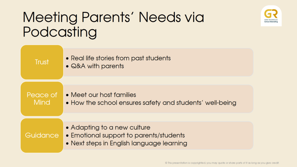 Slide from the presentation "Turning Parents into Ambassadors" by Gina Rodriguez for English UK, Sept 2023